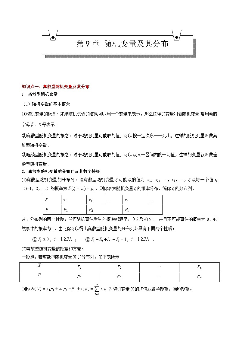 (高教版2021)中职高中数学 拓展模块下册 单元复习 第9章 随机变量及其分布(知识点) 讲义(解析版)第1页