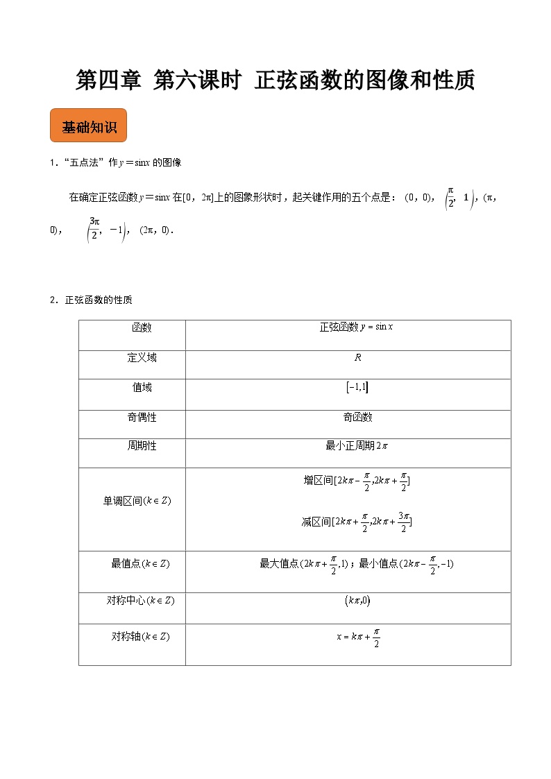 【寒假作业】中职数学 高教版2021   高一数学寒假提升训练 第四章 第六课时 正弦函数的图像和性质-练习.zip