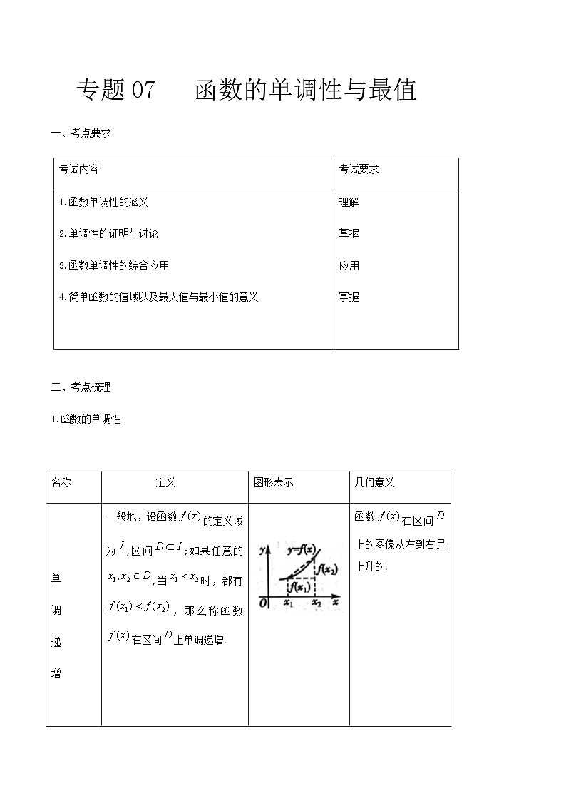 【备战2024年中职高考】中职数学 一轮复习 之专题突破 讲练测专题07 函数的单调性(讲)-【中职专用】中职高考数学一轮复习讲练测(考点讲与练)原卷版第1页