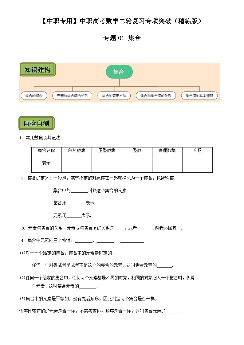 【备战2024年中职高考】中职数学 二轮复习 专题训练 专题01 集合 -练习01