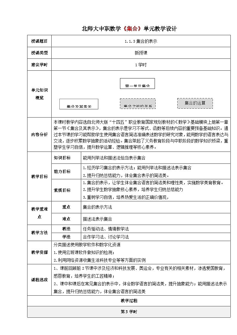 【中职数学】北师大版基础模块上册 第1单元《集合》第3课时 集合的表示 教学设计第1页