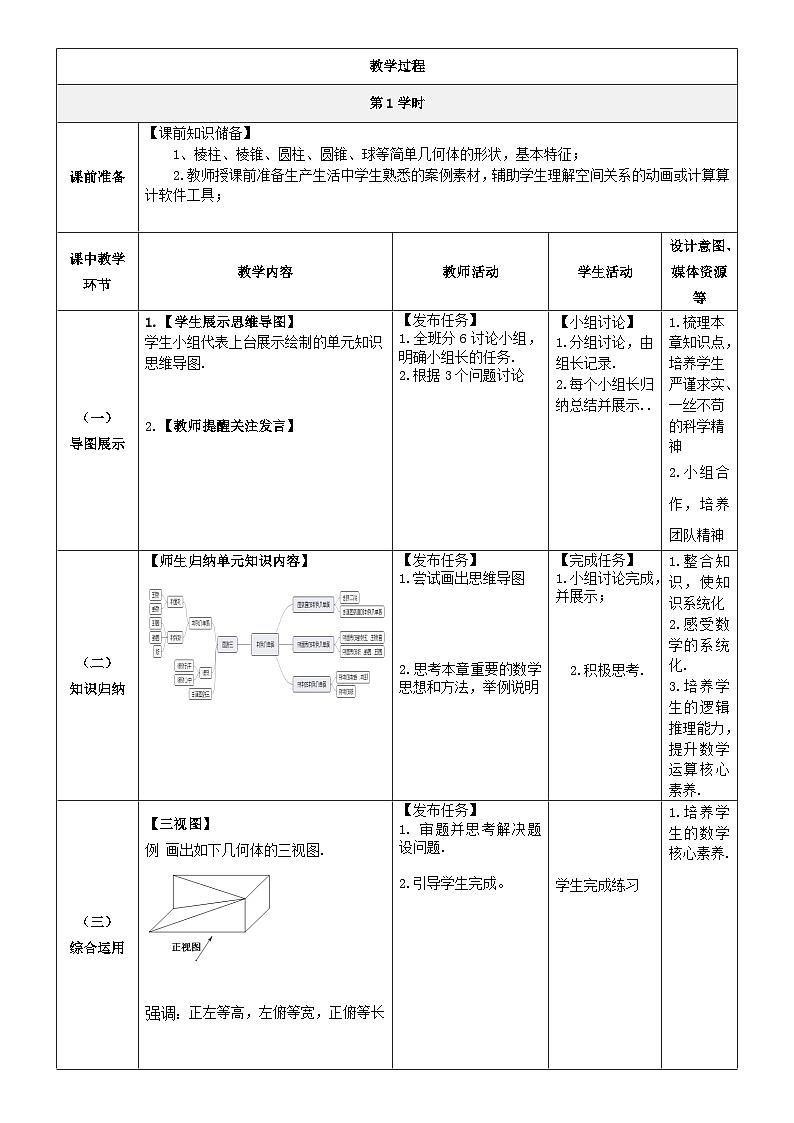 北师大版中职《数学》下册教学设计第七章《简单几何体》单元第13课时(复习课)教学设计02