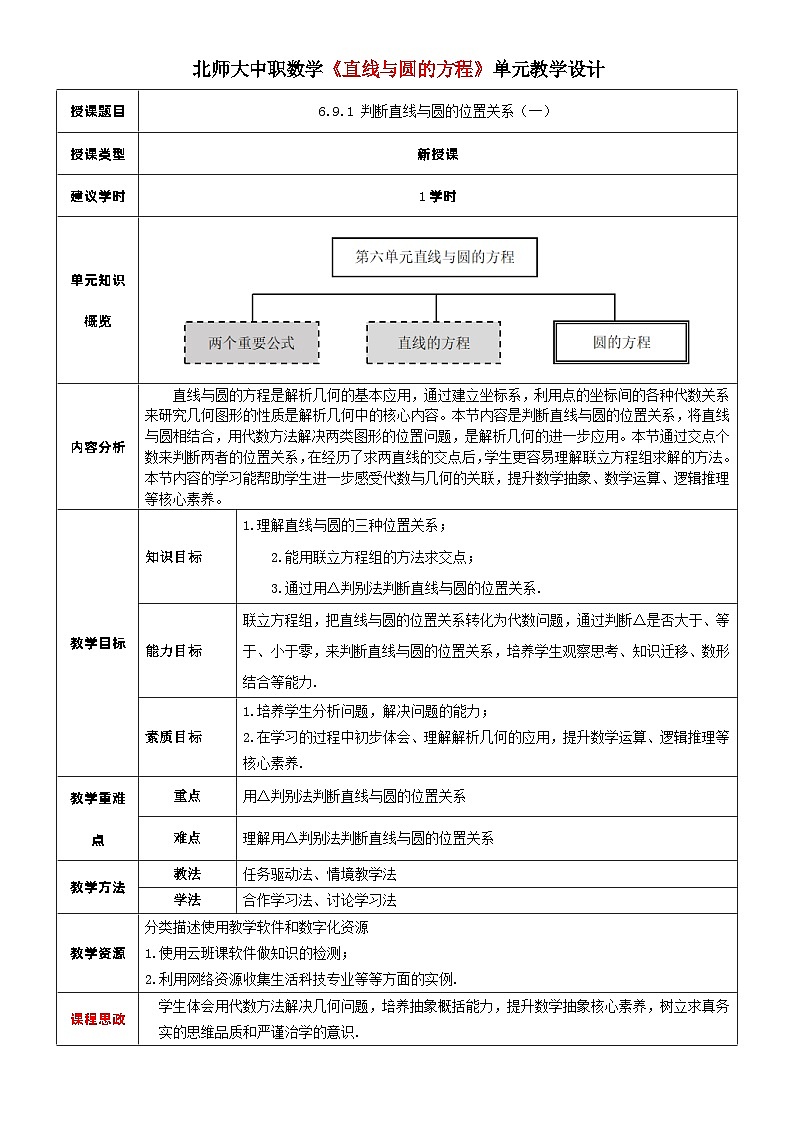 北师大版中职《数学》下册教学设计第六章《直线与圆》单元6.9.1 判断直线与圆的位置关系(一) 教学设计01