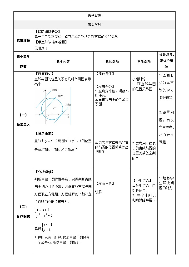 北师大版中职《数学》下册教学设计第六章《直线与圆》单元6.9.1 判断直线与圆的位置关系(一) 教学设计02