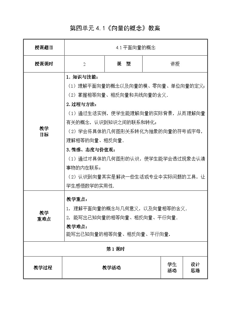 北師大版《中職數(shù)學(xué)（拓展模塊一上冊(cè)）》第31課 平面向量的概念 教學(xué)設(shè)計(jì)第1頁(yè)