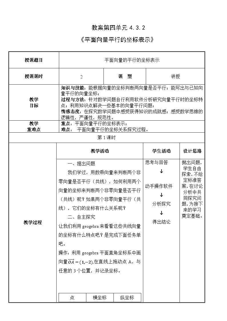 北師大版《中職數(shù)學(xué)（拓展模塊一上冊(cè)）》第36課 平面向量平行的坐標(biāo)表示 教學(xué)設(shè)計(jì)第1頁(yè)