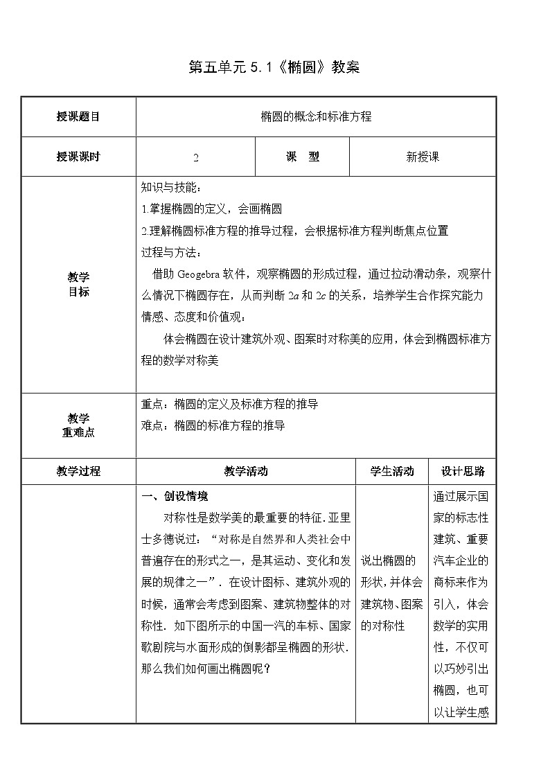 北师大版中职数学拓展模块一 上册 5.1.1 椭圆的概念和标准方程(课件+教案)01