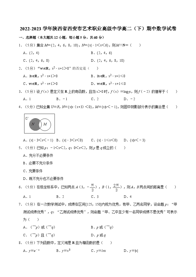 2022-2023学年陕西省西安市艺术职业高级中学高二（下）期中数学试卷