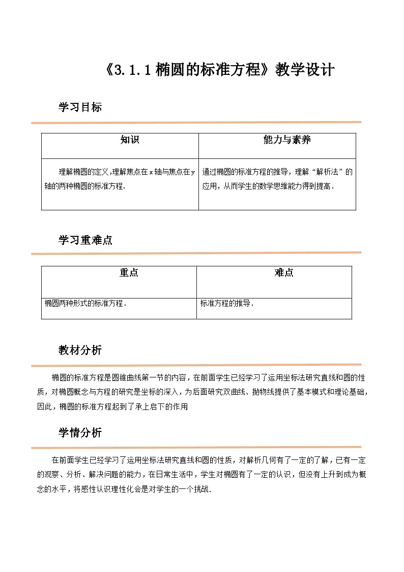 【中职教案】高教版(2021)数学基础模块一(上册)3.1.1《椭圆的标准方程》2课时 教案第1页