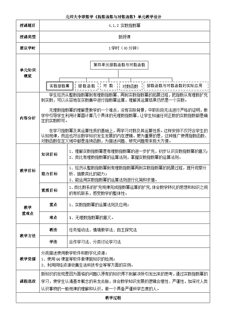 《指数函数与对数函数》单元第2课时(实数指数幂)教学设计第1页