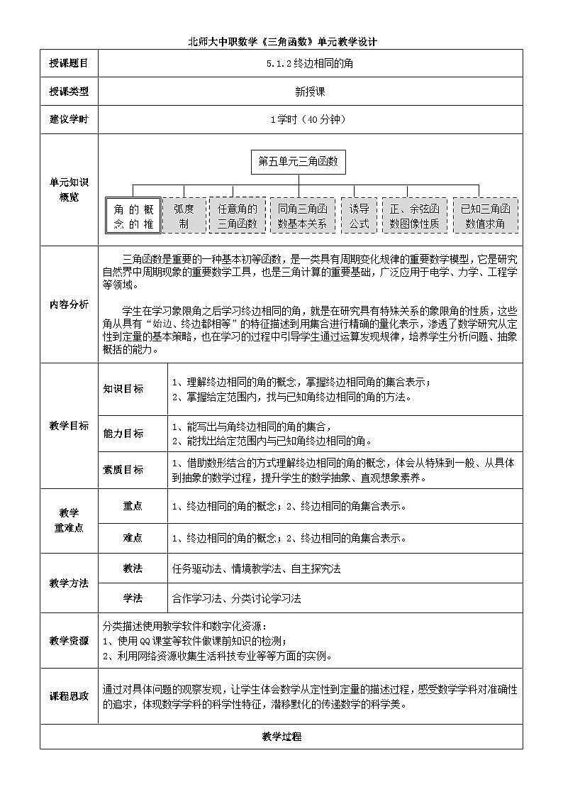 中职数学北师大版基础模块上册5.1.2 终边相同的角 课件+教案01