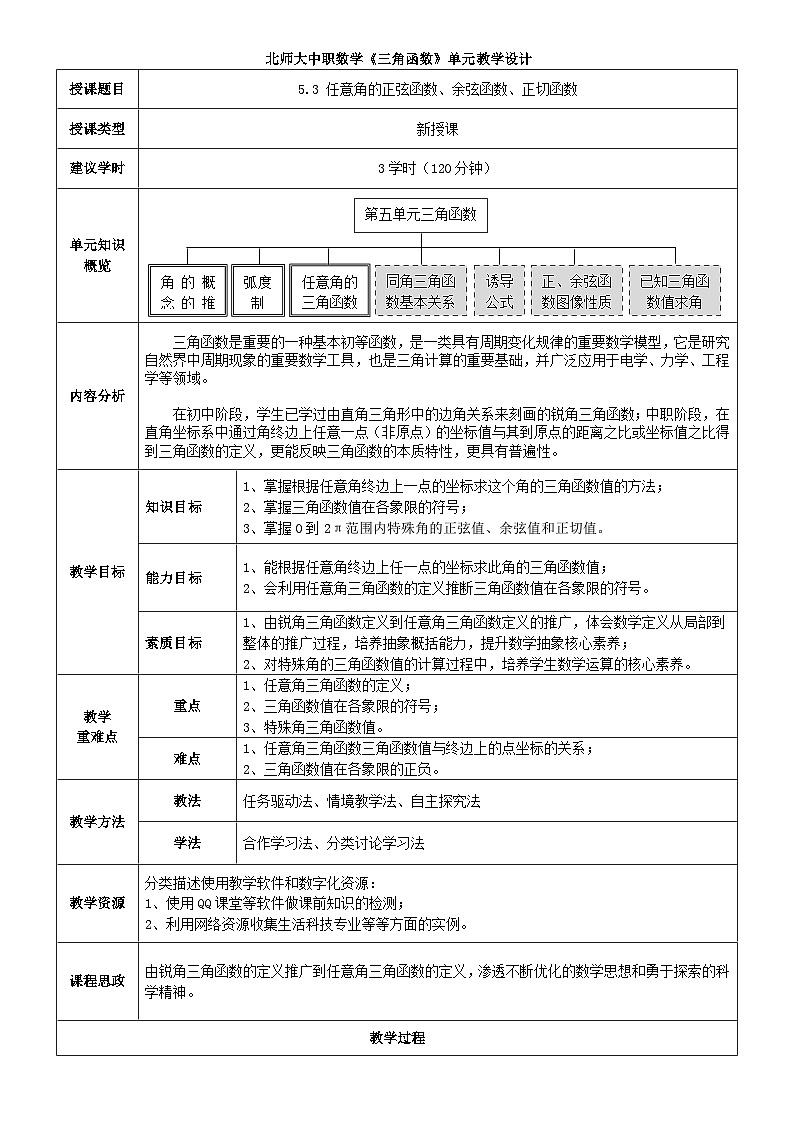 中职数学北师大版基础模块上册5.3 任意角三角函数的定义 课件+教案01