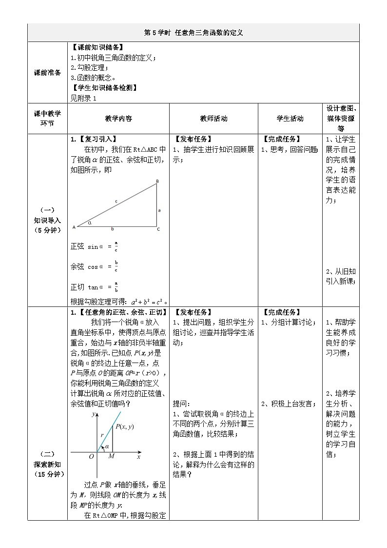 中职数学北师大版基础模块上册5.3 任意角三角函数的定义 课件+教案02