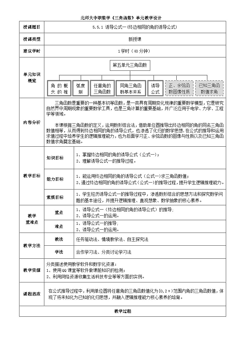 中职数学北师大版基础模块上册5.5 诱导公式 课件+教案01