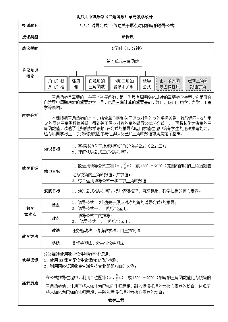 中职数学北师大版基础模块上册5.5 诱导公式 课件+教案01