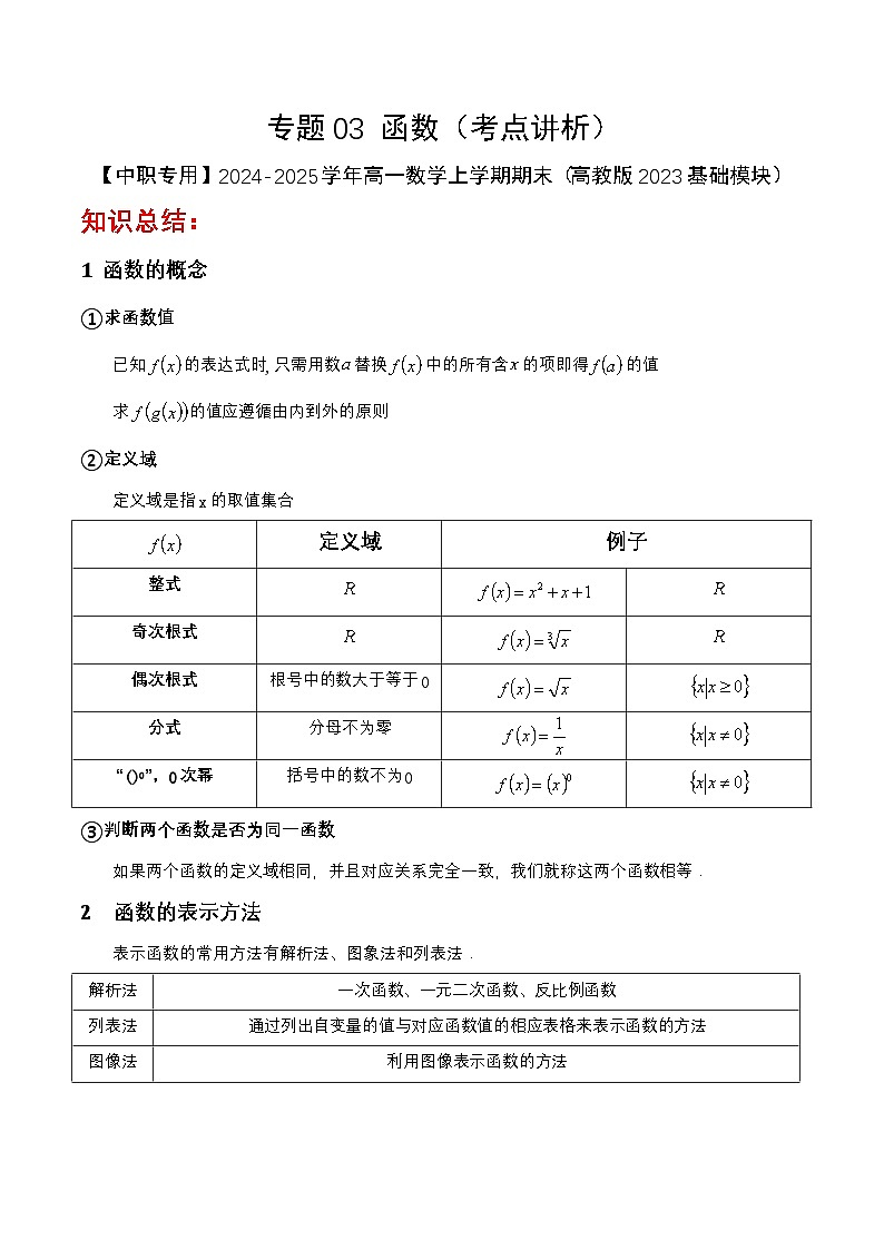 专题03 函数(考点讲析)-【中职专用】2024-2025学年高一数学上学期期末(高教版2023基础模块)(原卷版) 第1页