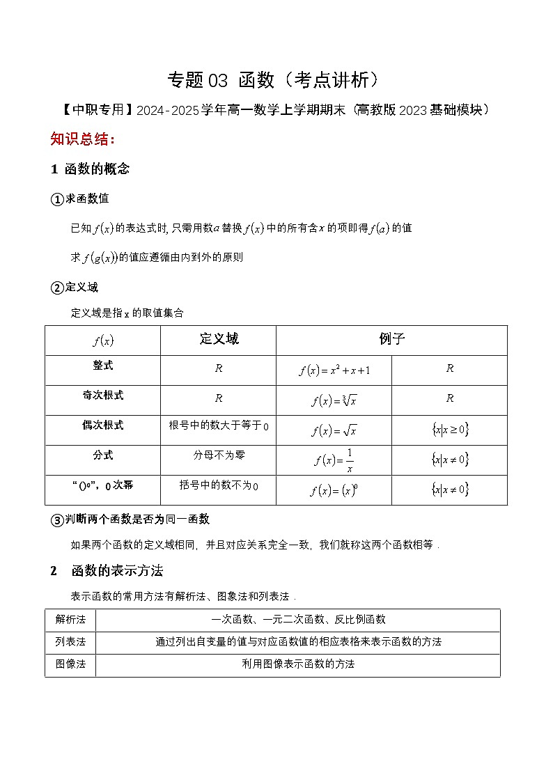 专题03 函数(考点讲析)-【中职专用】2024-2025学年高一数学上学期期末(高教版2023基础模块)(解析版) 第1页