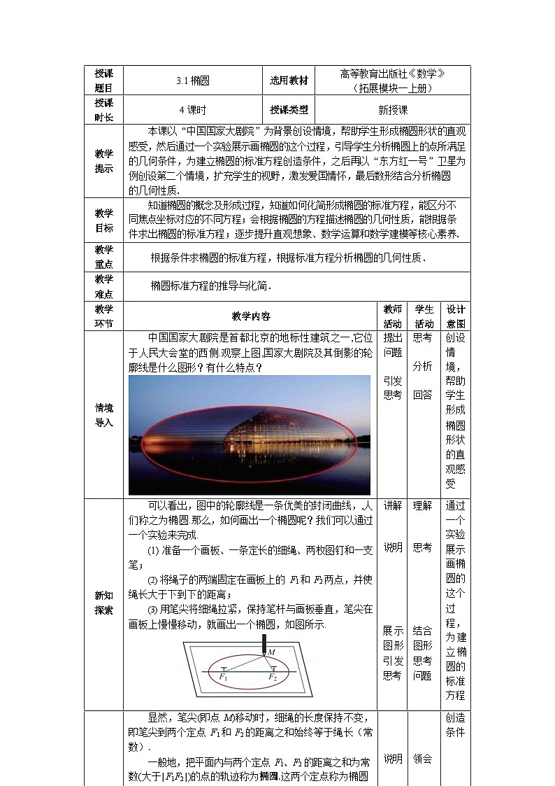 3.1椭圆 中职数学高教版(2021~十四五)拓展模块一上册教案第1页