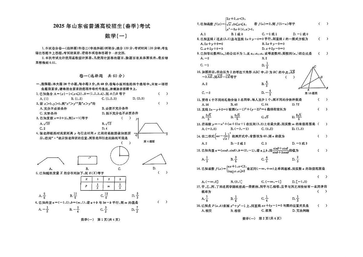 2025年山东省普通高校招生(春季)考试数学模拟卷附答案第1页
