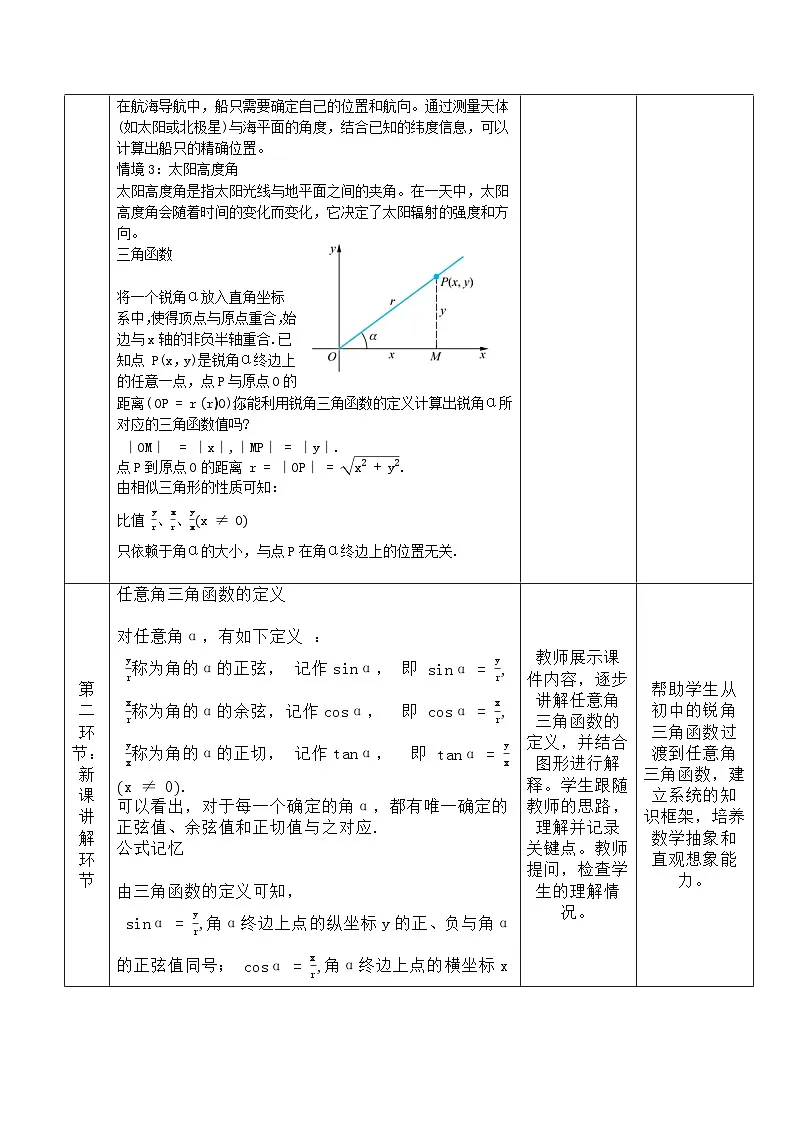 高教版基础模块 4.3.1 任意角的三角函数定义 教学设计第3页