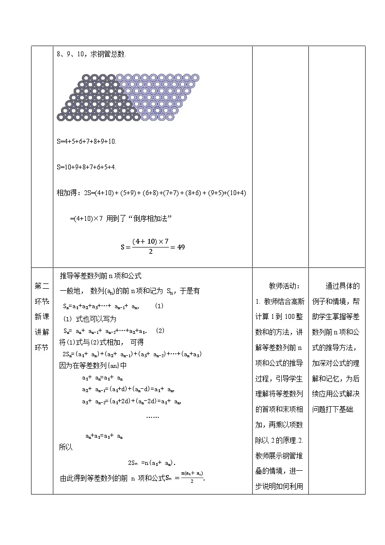 高教版2023修订版·高教版拓展模块 7.2.2 等差数列前n项和公式 教学设计第3页