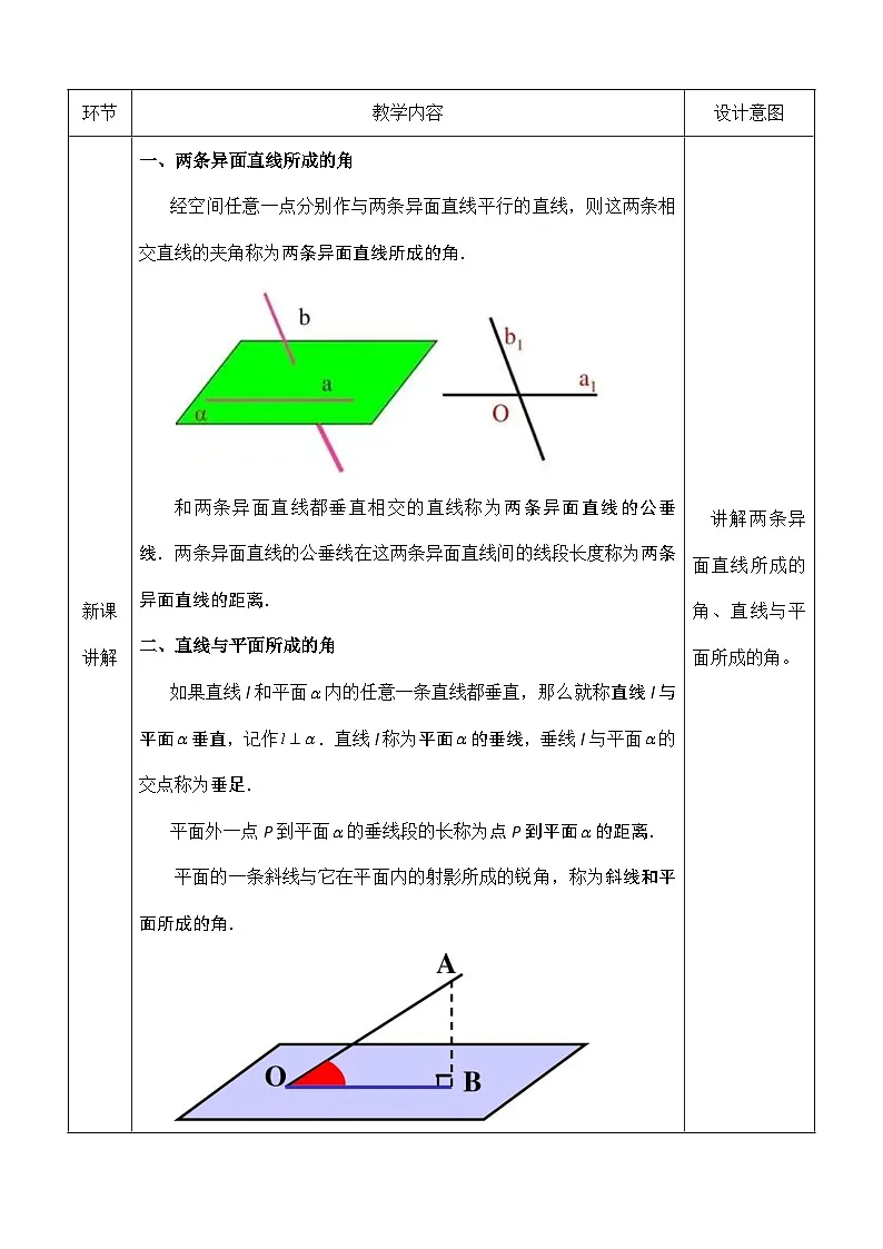 创新型五年制高等职业教育精品教材基础数学第三册立体几何空间角表格式教案第2页