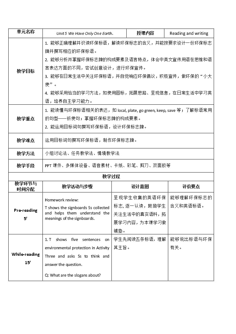 外研版(2021)中职英语基础模块1 Unit 5 We Have Only One Earth Reading&Writing 教案(2课时,表格式)01