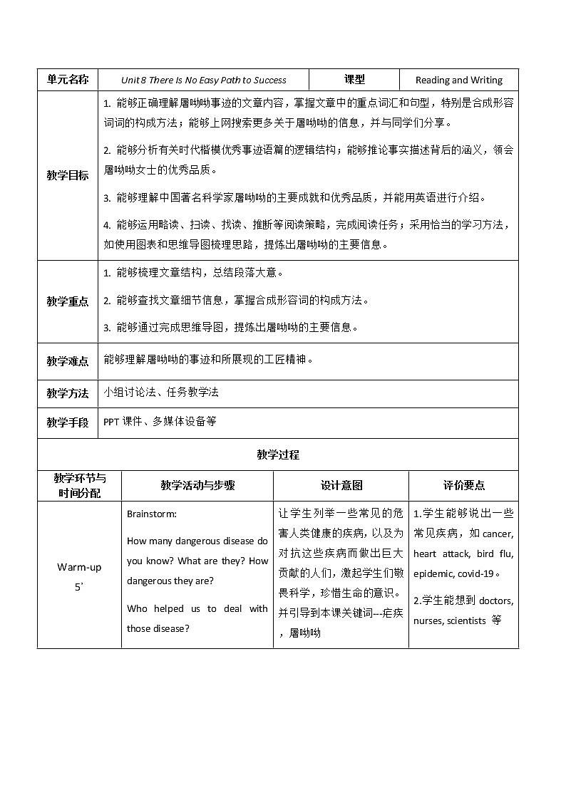 Unit 8 There Is No Easy Path to Success P2 Reading and Writing(1) 教案(表格式)01
