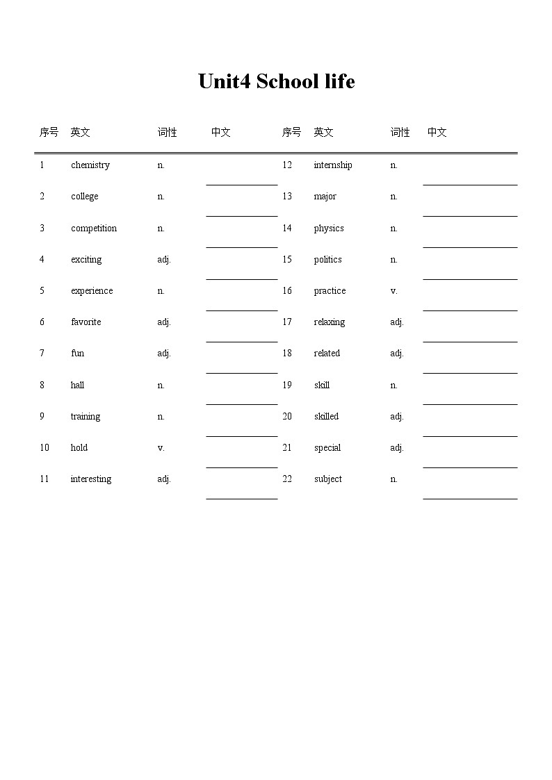 Unit4 School life-【中职英语】高一同步单元单词默写(高教版2021·基础模块1) 试卷01