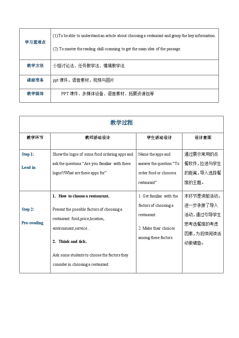 中职英语 高教版2021 基础模块1 Part02 Unit6 Food and Drinks教案第2页