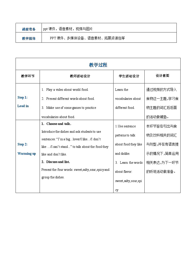 中职英语 高教版2021 基础模块1 Part01 Unit6 Food and Drinks教案第2页