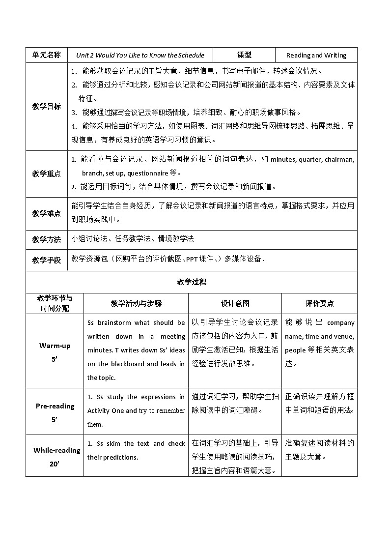 【教师必备】中职英语外研版2021职业模块(服务类)U2 教案01
