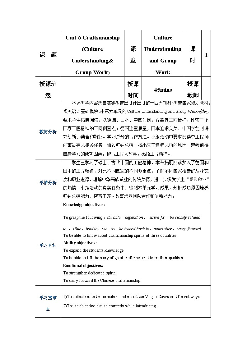 高一英语(高教版2021版基础模块2)Part6 Unit6 Craftsmanship课件+教案01