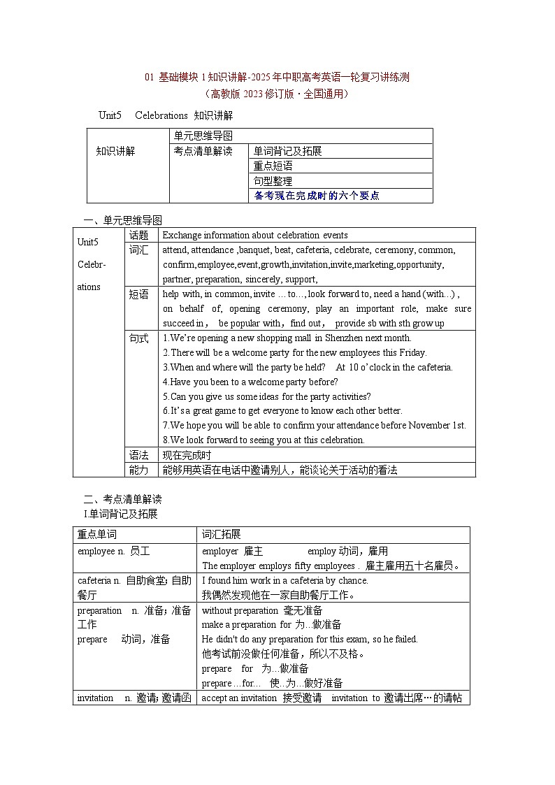 基础模块1Unit5 Celebrations知识讲解-2025年中职高考英语一轮复习讲练测(高教版2023修订版·全国通用)01