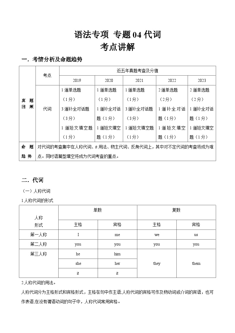 专题04代词考点讲义-【中职专用】2025年对口高考英语二轮语法专项突破