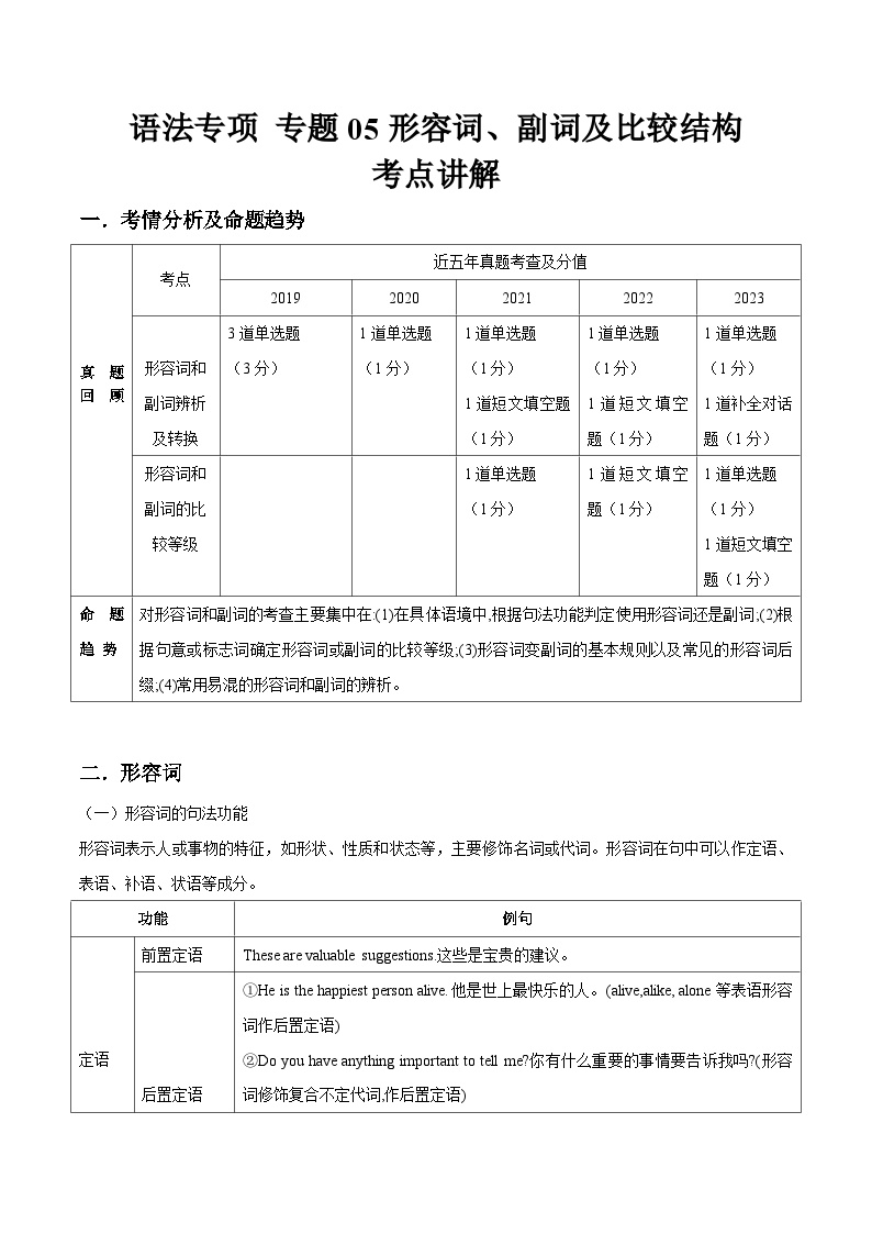 专题05形容词、副词及比较结构考点讲义-【中职专用】2025年对口高考英语二轮语法专项突破