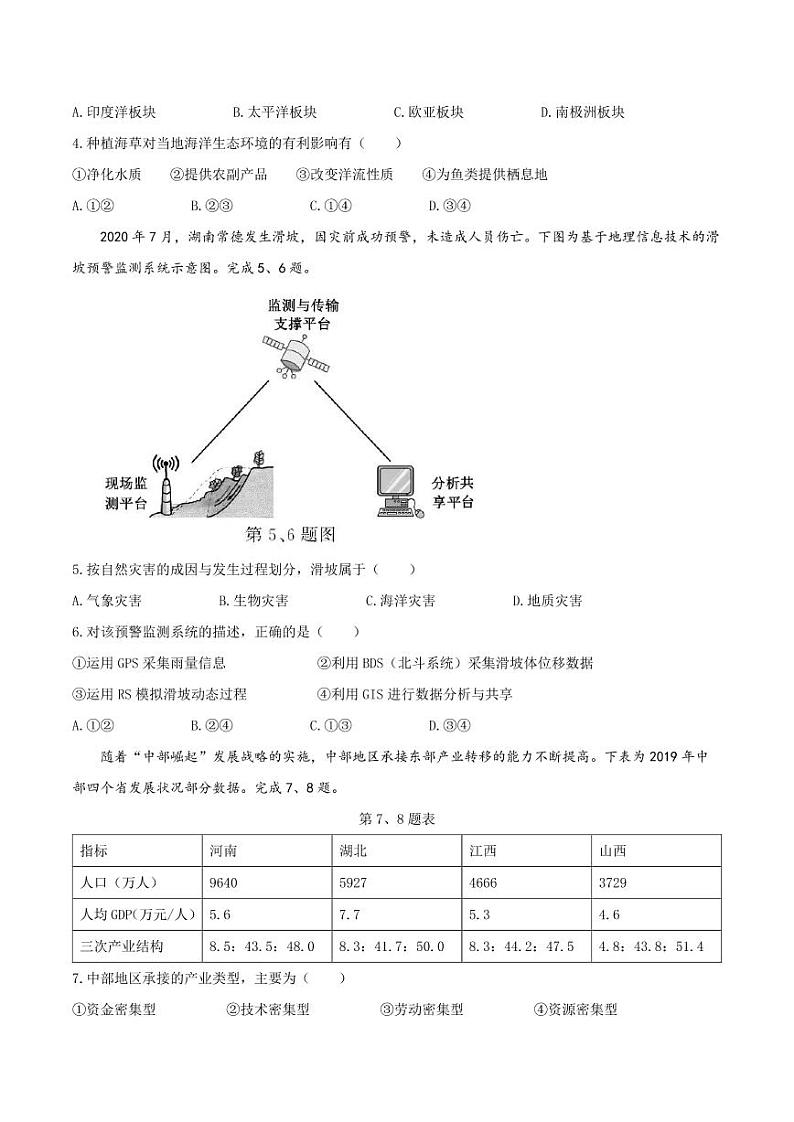 2021浙江省1月学考真题地理高清PDF版含答案第2页