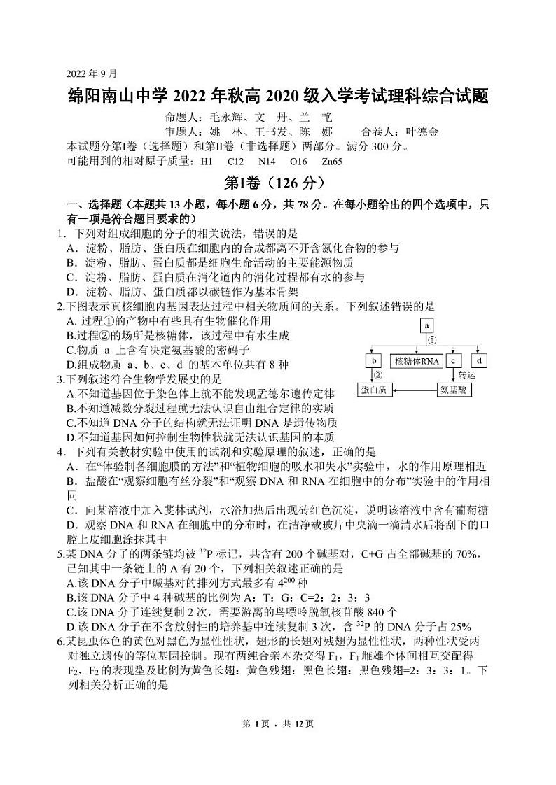 入学考试理科综合试题第1页