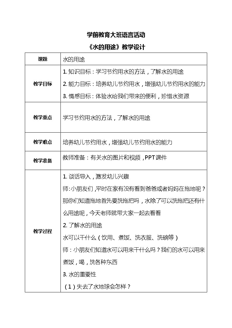 大班语言活动-水的用途第1页