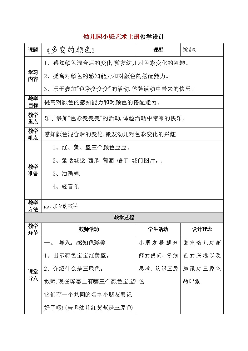 小班艺术《多变的颜色》教案第1页