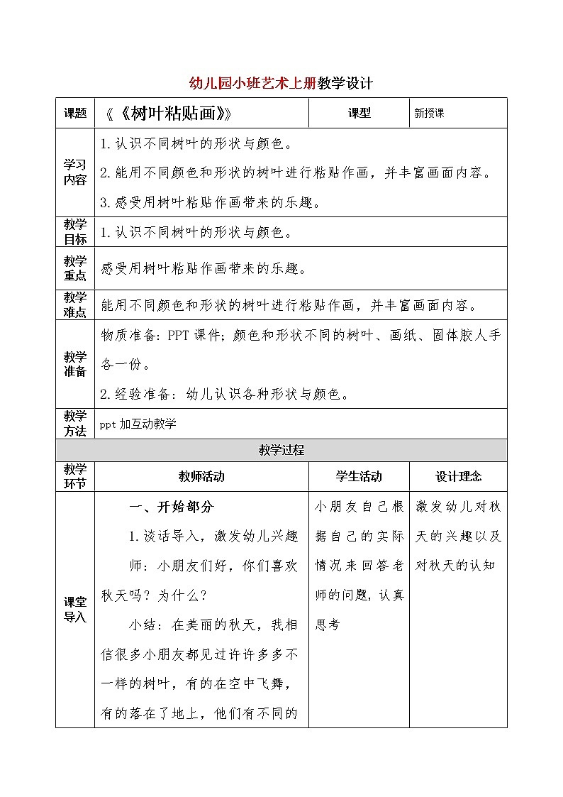 小班艺术《树叶粘贴画》教案第1页