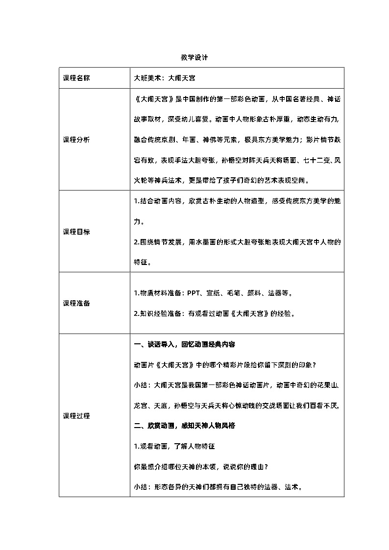 大班美术《大闹天宫》教学设计第1页