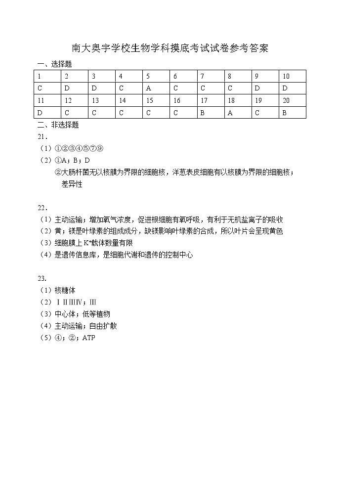 高二年级摸底考试生物试卷答案第1页