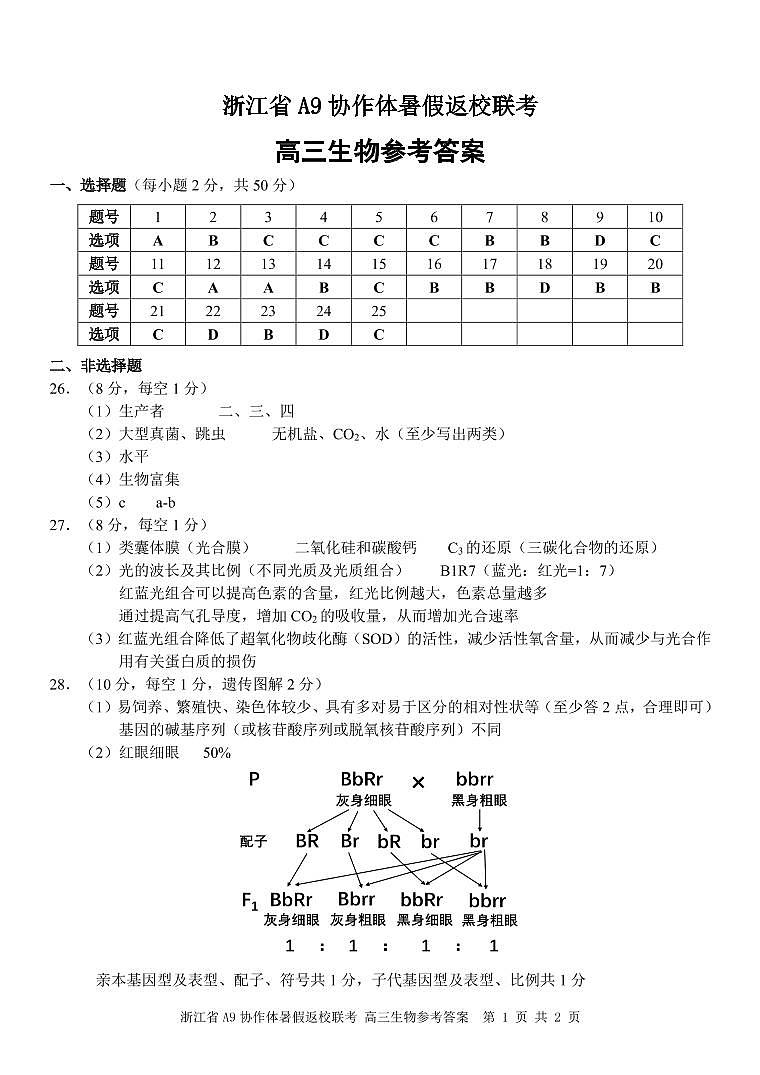 2023浙江省A9协作体高三上学期暑假返校联考试题生物PDF版含答案01
