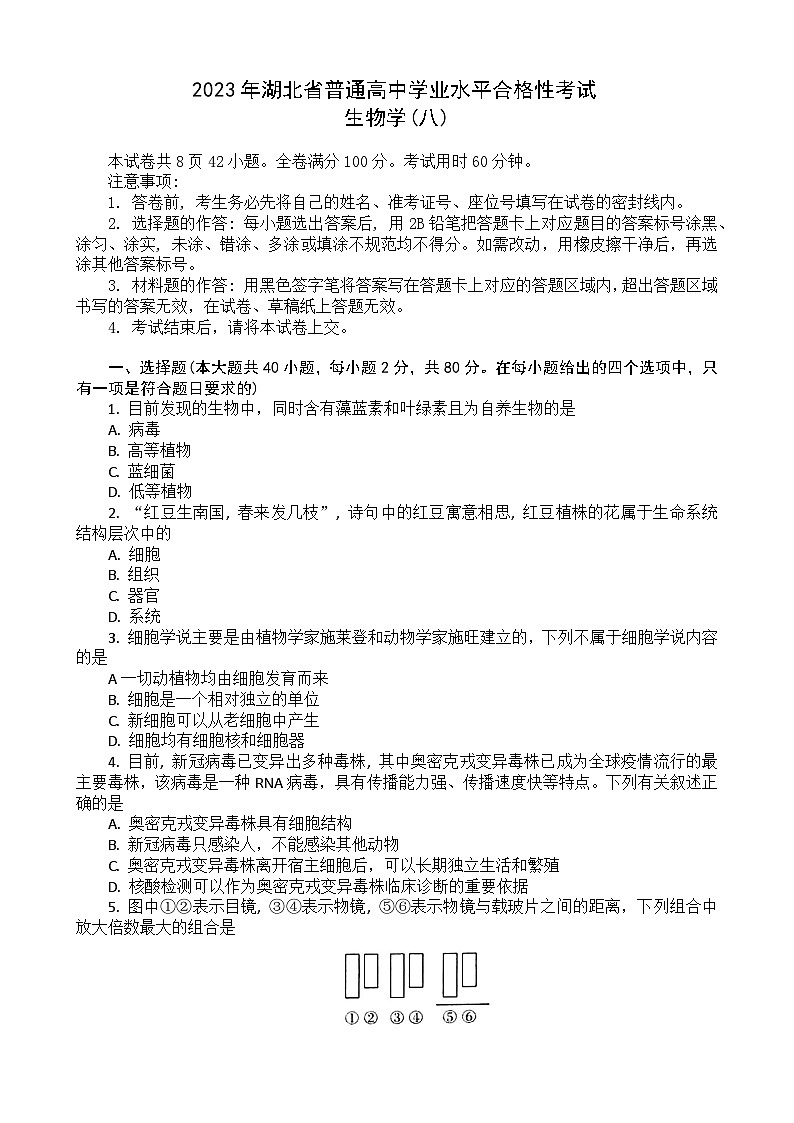 2023湖北省普通高中学业水平合格性考试模拟生物试题(八)含答案第1页