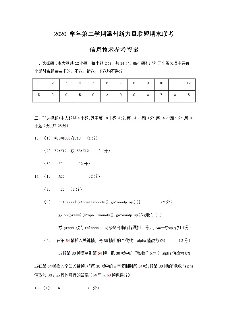 2021温州新力量联盟高二下学期期末联考信息技术试题PDF版含答案01