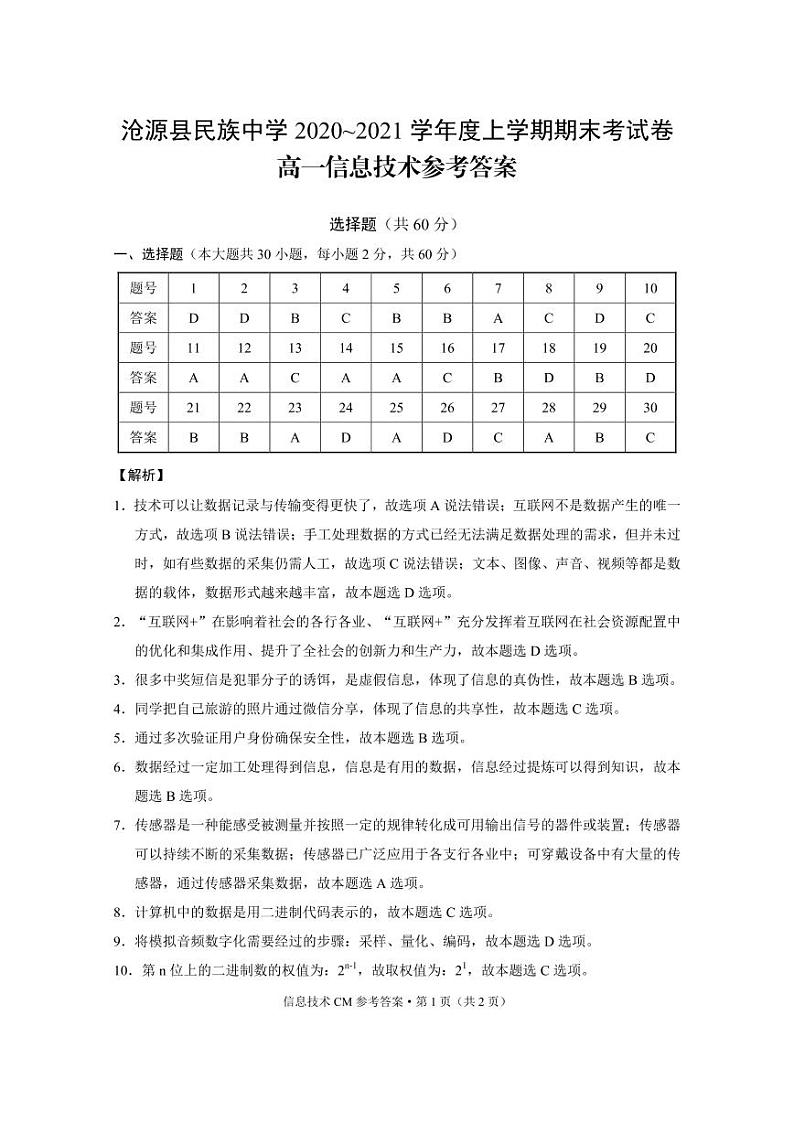 2021临沧沧源县民族中学高一上学期期末考试信息技术试题PDF版含答案01