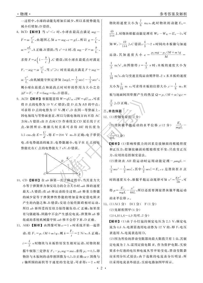 2022年湖北省普通高中学业水平等级考试模拟演练(二)物理答案第2页