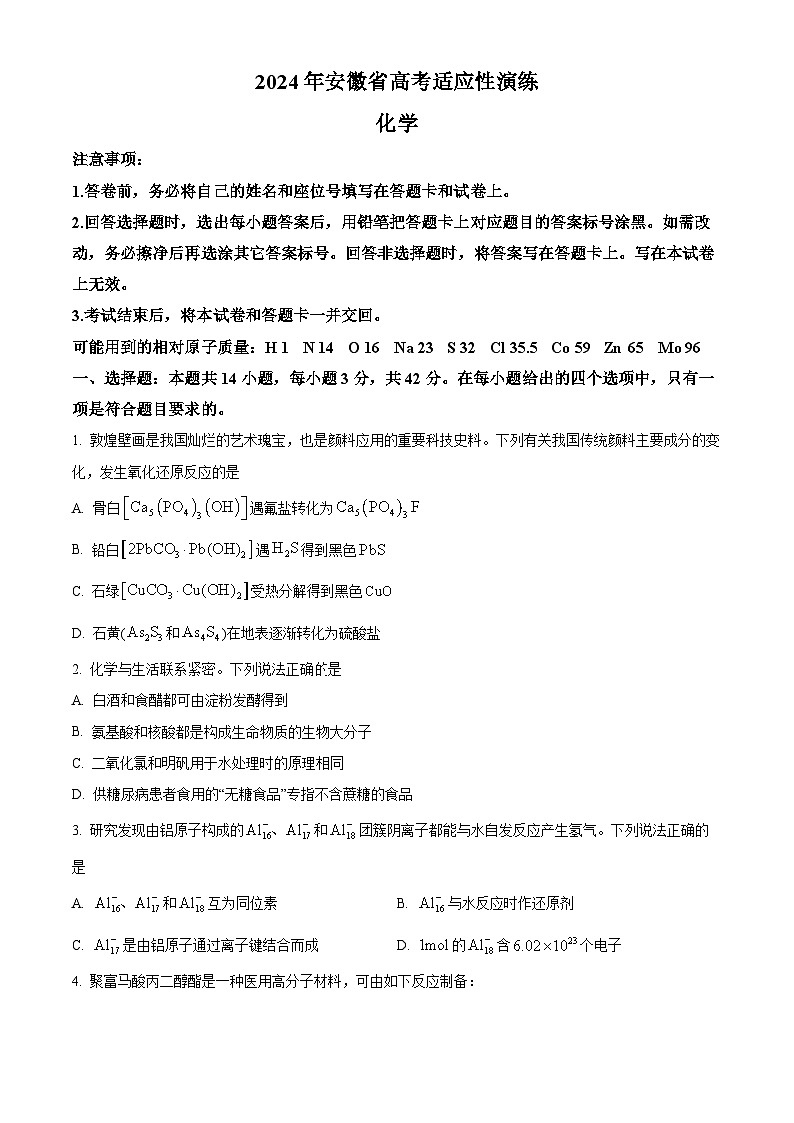 2024年1月普通高等学校招生全国统一考试适应性测试(九省联考)化学试题(适用地区:安徽)(试卷)第1页