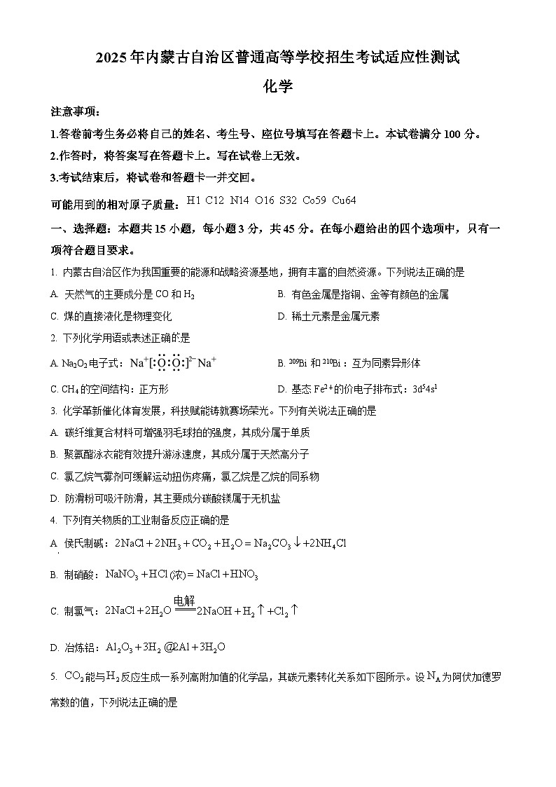 2025年1月八省联考高考综合改革适应性测试——高三化学(内蒙古卷)无答案第1页